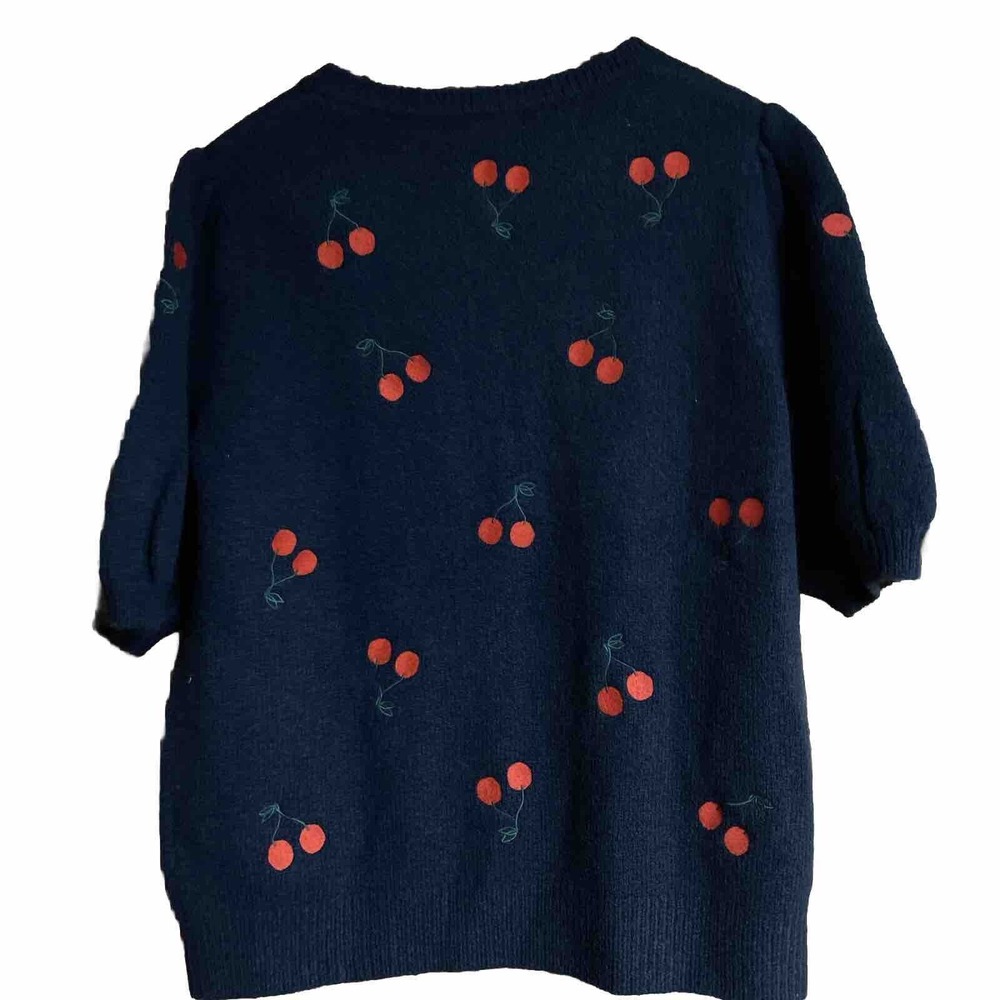 BODEN Sweater 8 Alpaca Wool Blend Cherry Embroidered Button Up Blue Sz 10 - Picture 2 of 6